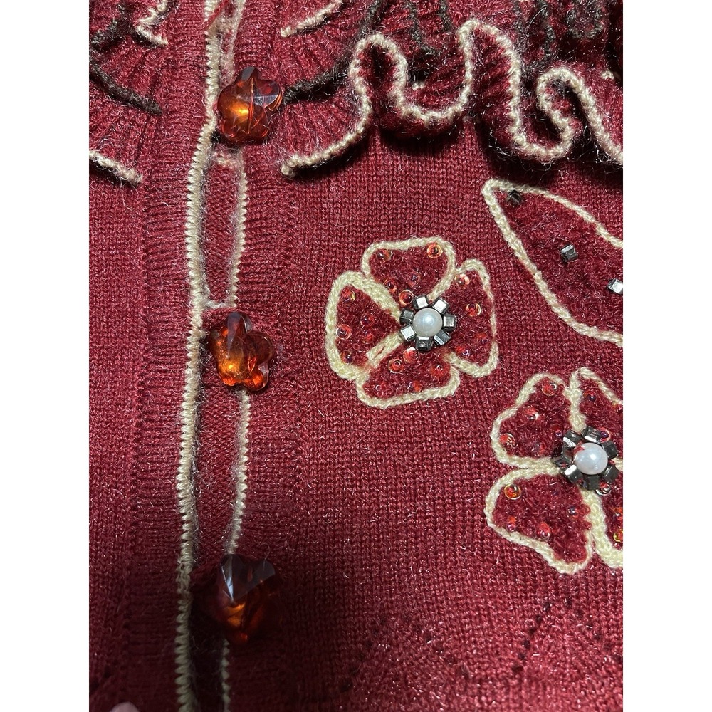 Ganpati Women's Cardigan Sweater Burgandy Long Sleeve‎ with Embelished Design - Picture 4 of 5